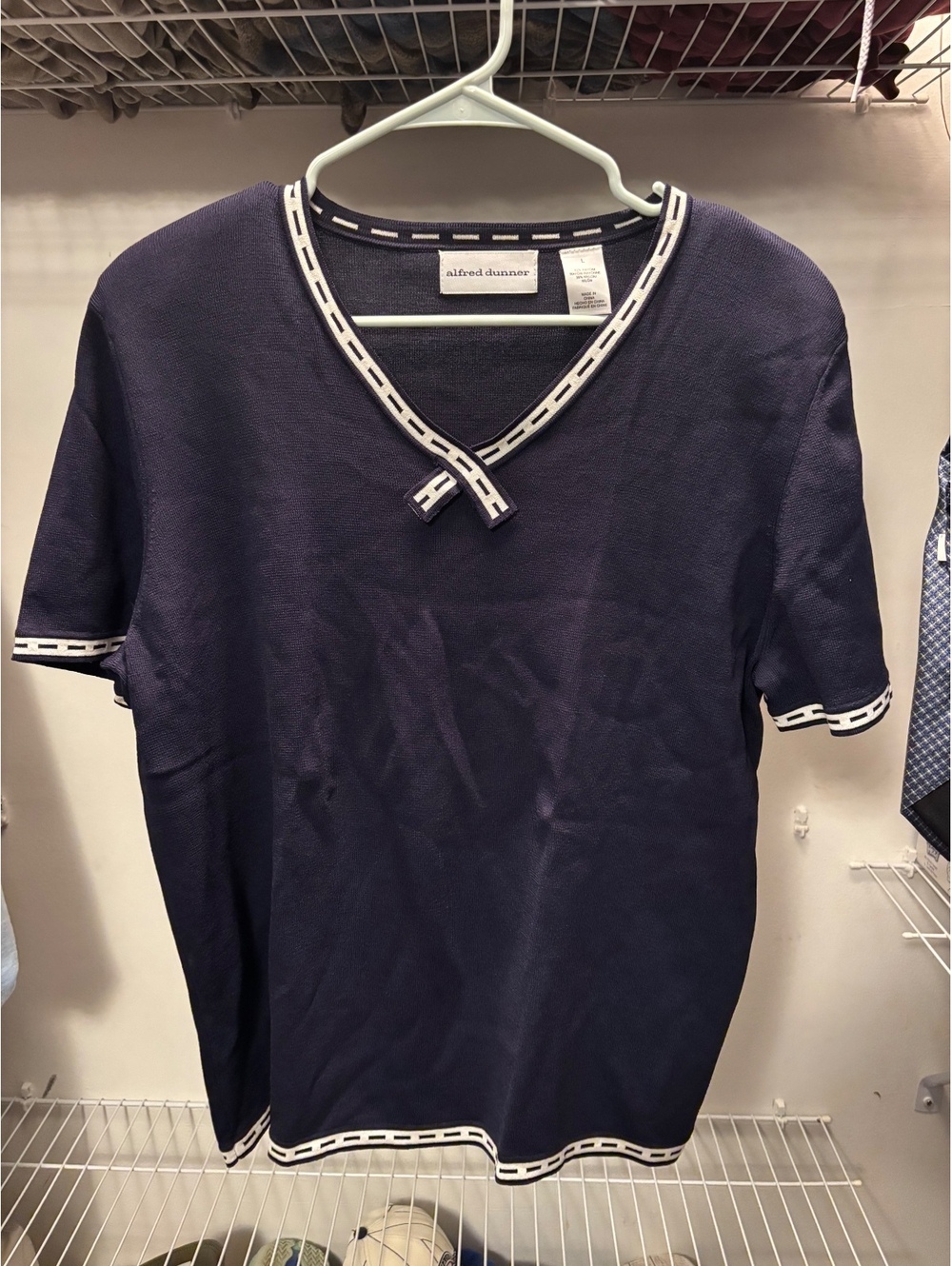 Alfred Dunner Navy Blue Knit Short Sleeve Top with White Acc